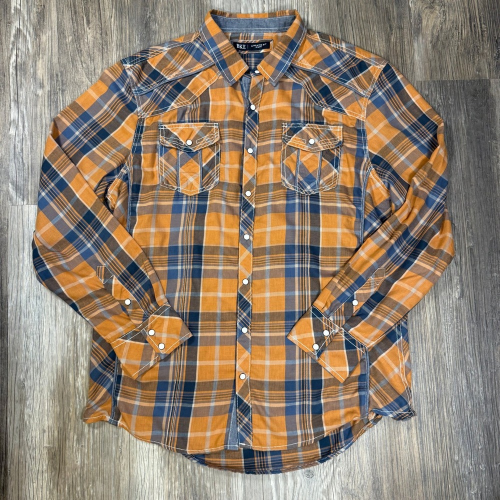 BKE Athletic Fit Western Americana Rugged Country Plaid Pearl Snap Shirt Mens XL